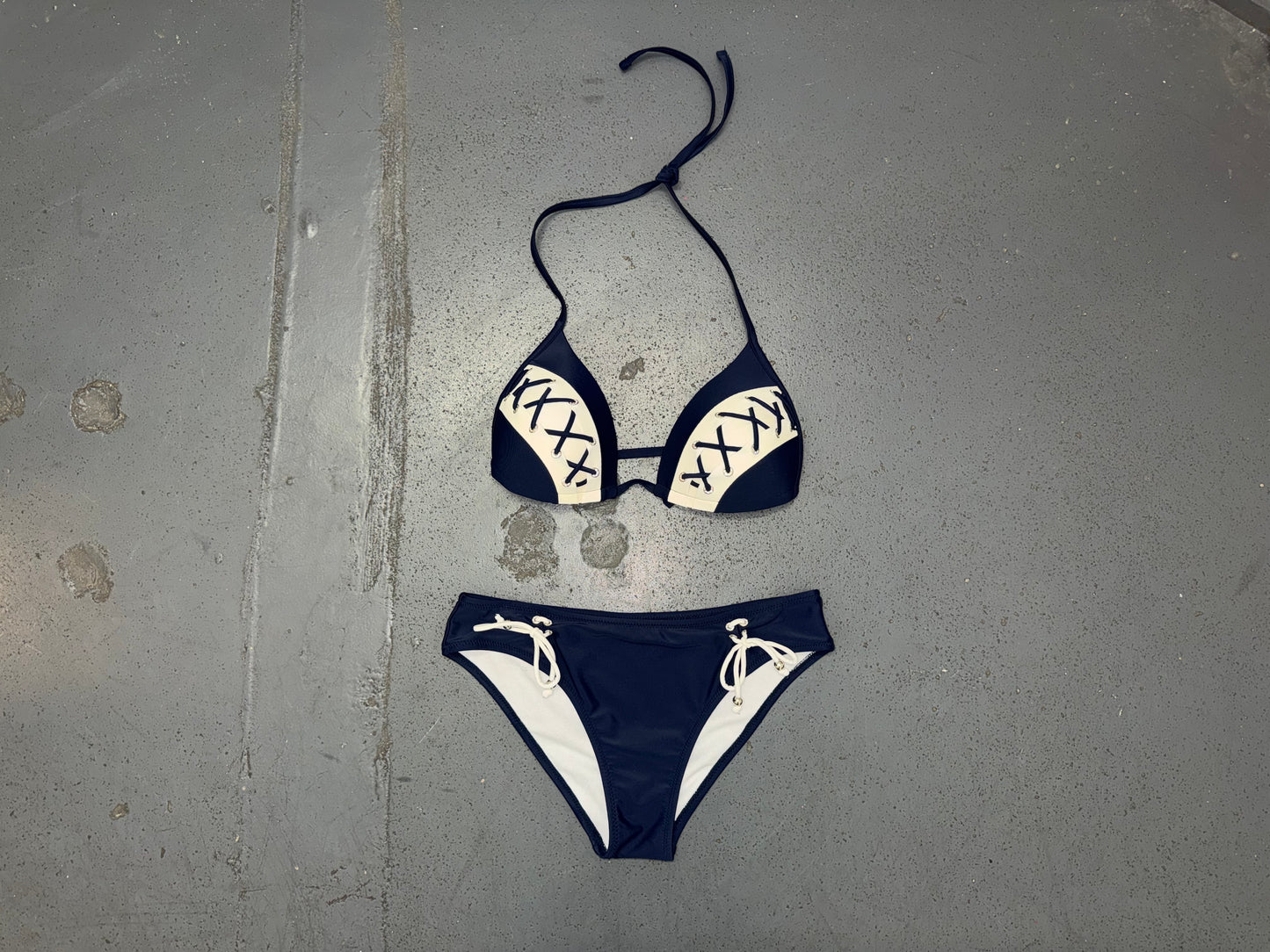 Navy And White Lace Detail Bikini Top and Bottom