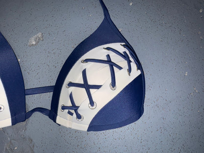 Navy And White Lace Detail Bikini Top and Bottom