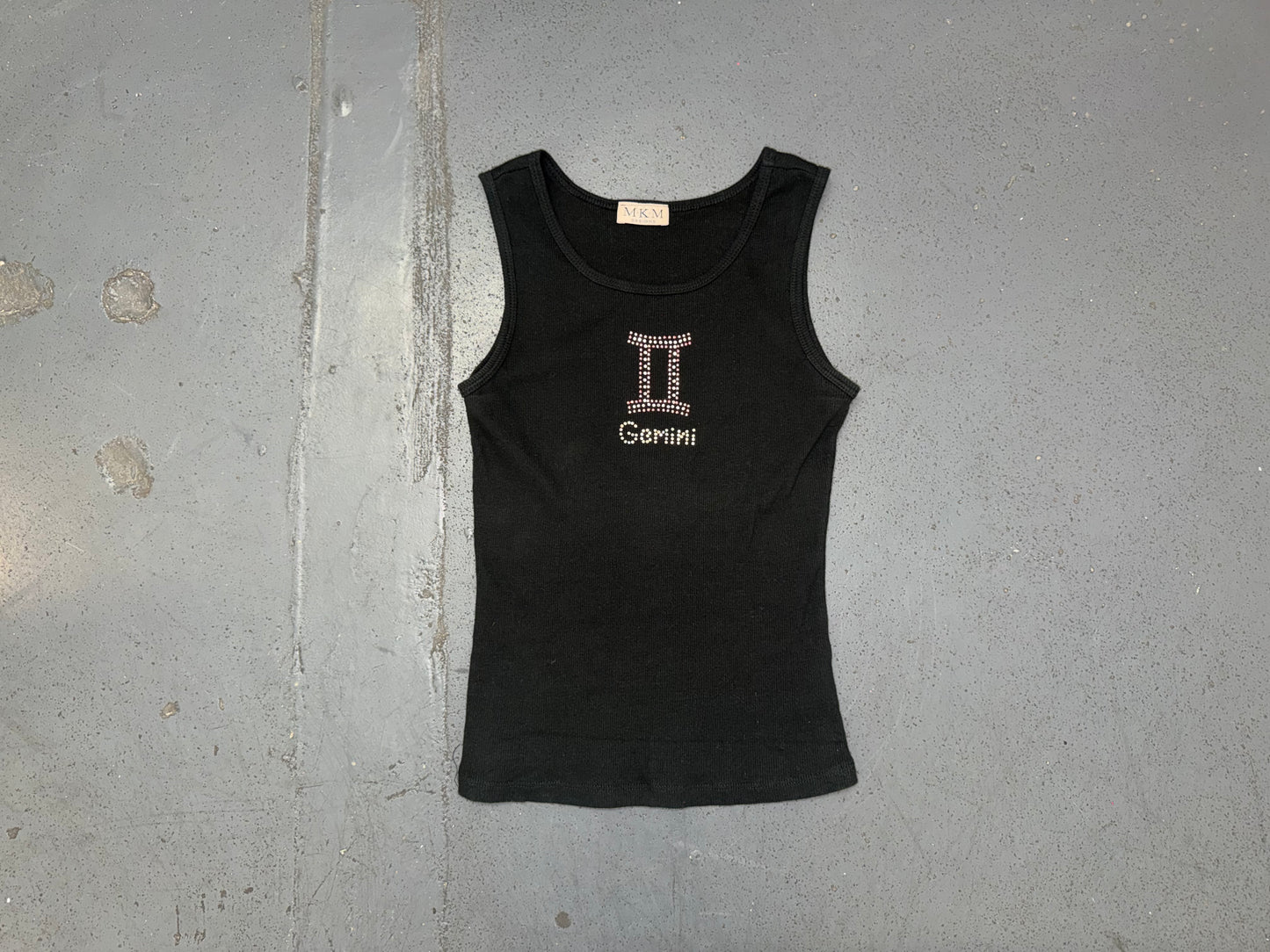 Black Ribbed Tank Top with Gemini Rhinestone Logo