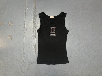 Black Ribbed Tank Top with Gemini Rhinestone Logo