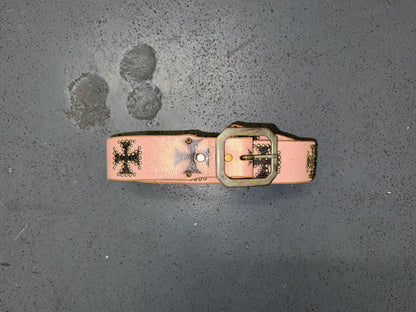 Pink Cracked Leather Belt with Studded Cross