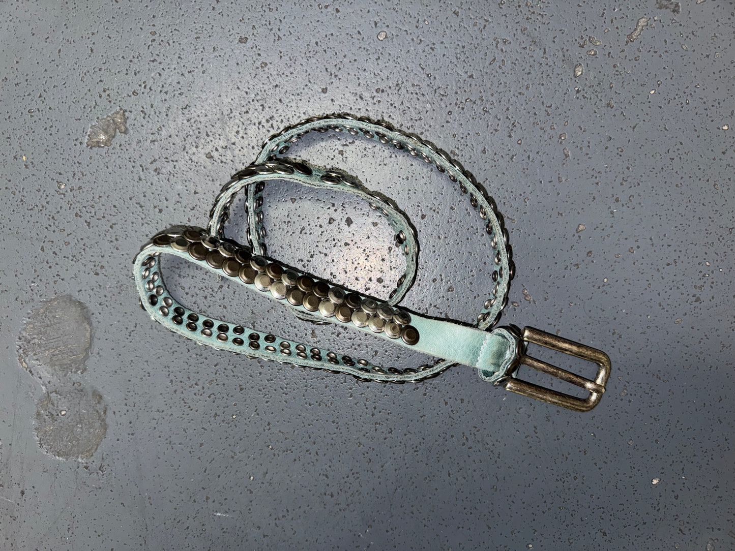 Blue Leather Skinny Belt with Silver Studs
