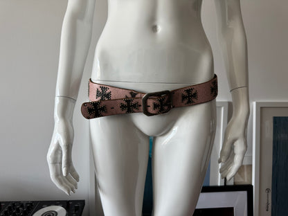 Pink Cracked Leather Belt with Studded Cross