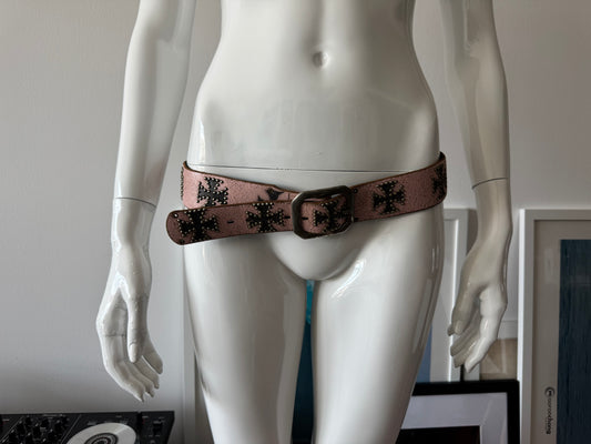 Pink Cracked Leather Belt with Studded Cross