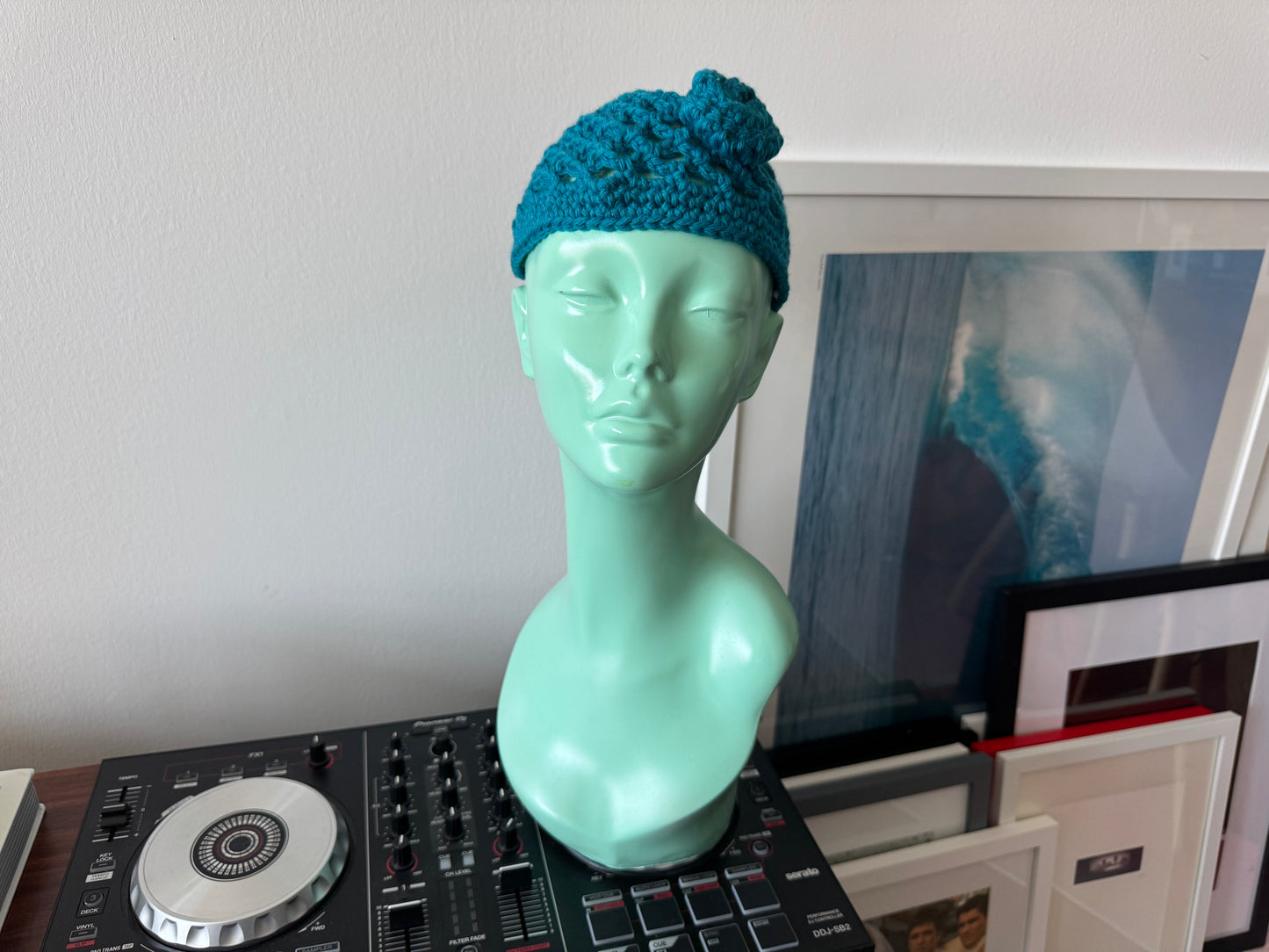 Turquoise Wool Crochet Skull Cap Beanie