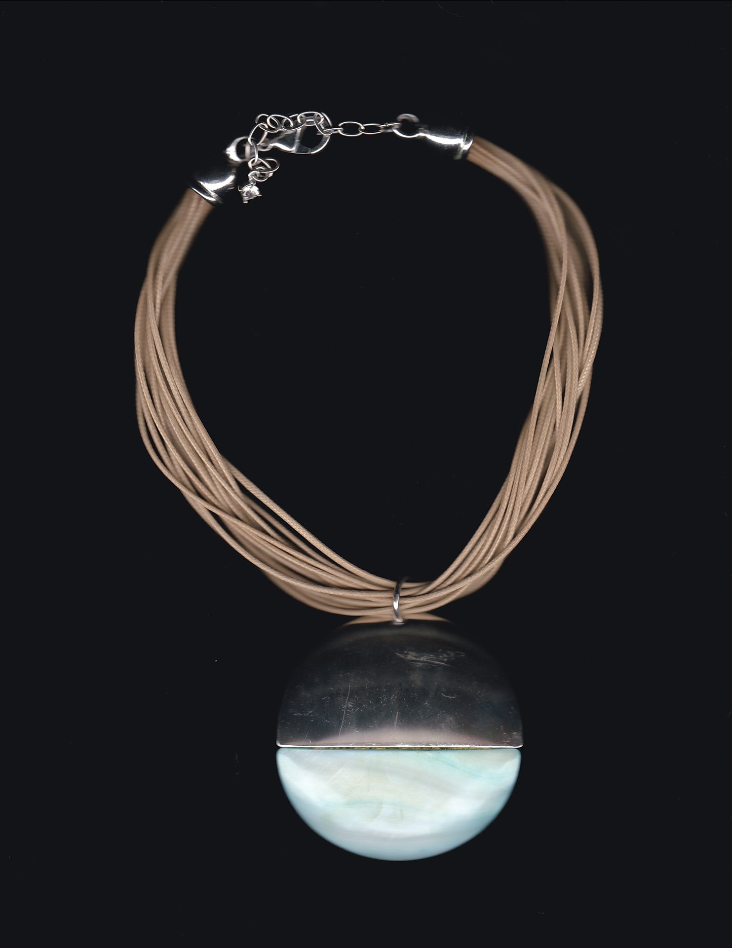 Silver Circle Pendant and Brown Cord Necklace