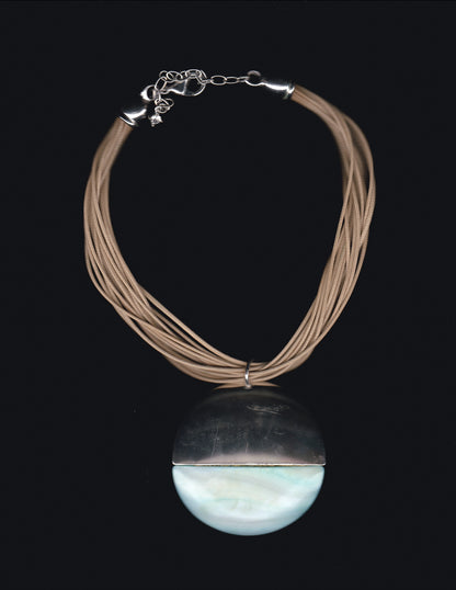 Silver Circle Pendant and Brown Cord Necklace