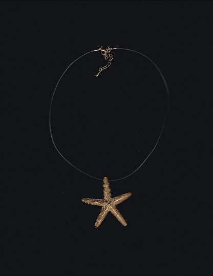 Gold Starfish and Black Rubber Cord Necklace