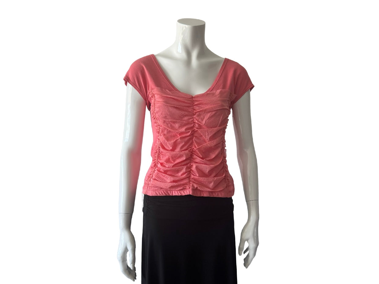 Coral Ruched Mesh T-Shirt