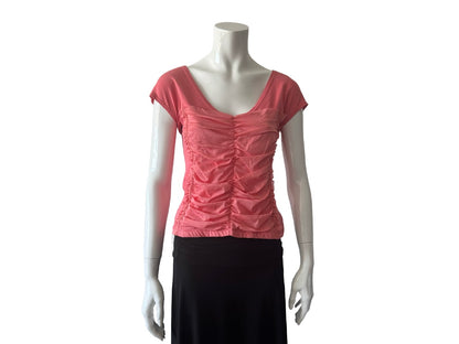 Coral Ruched Mesh T-Shirt