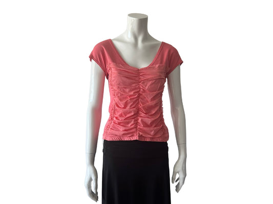 Coral Ruched Mesh T-Shirt