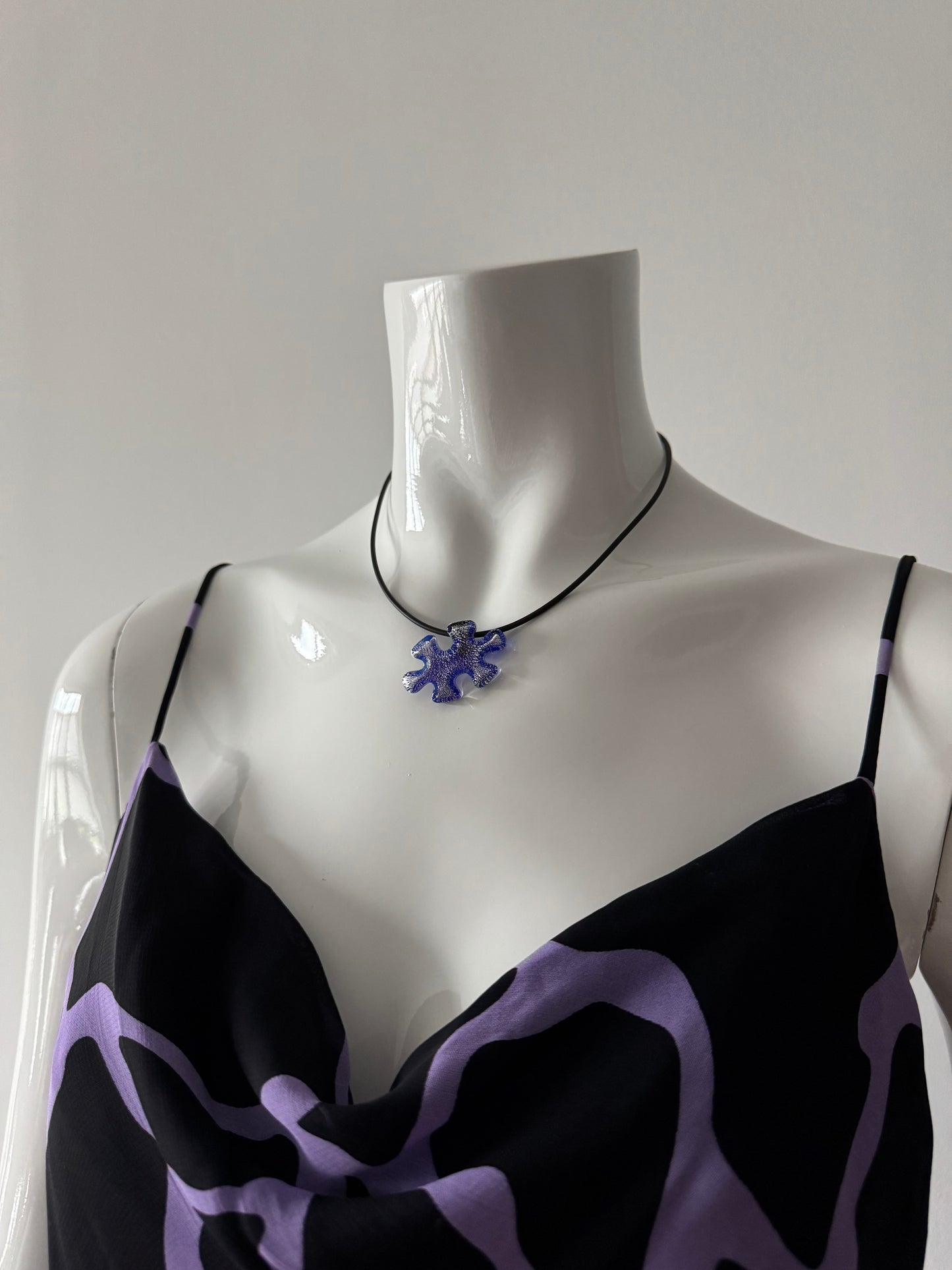 Blue Puzzle Piece and Black Rubber Cord Choker Necklace