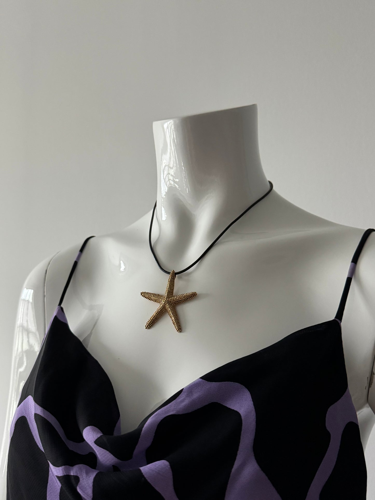 Gold Starfish and Black Rubber Cord Necklace