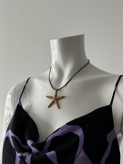 Gold Starfish and Black Rubber Cord Necklace
