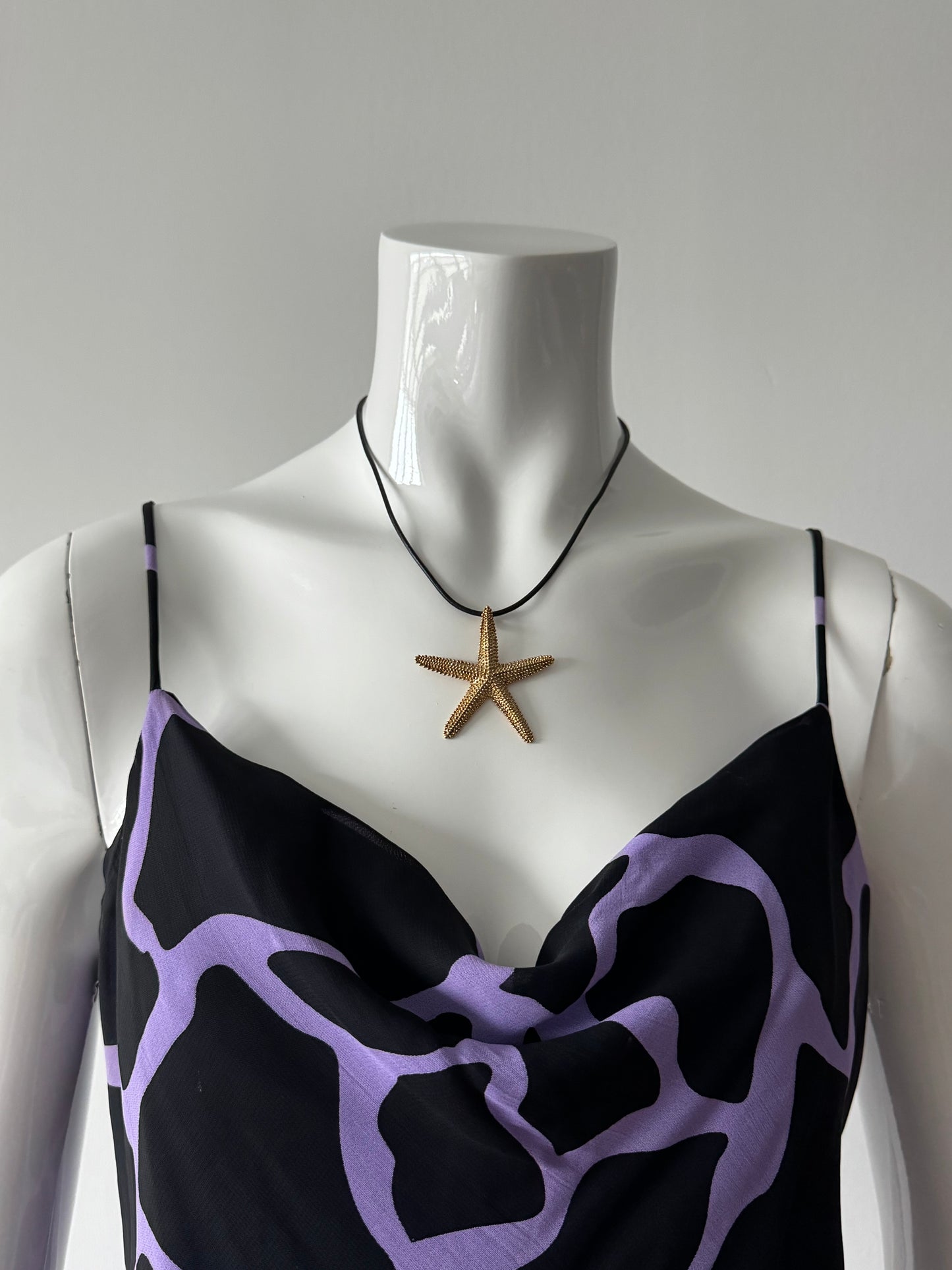 Gold Starfish and Black Rubber Cord Necklace
