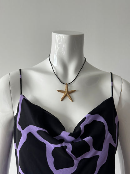 Gold Starfish and Black Rubber Cord Necklace