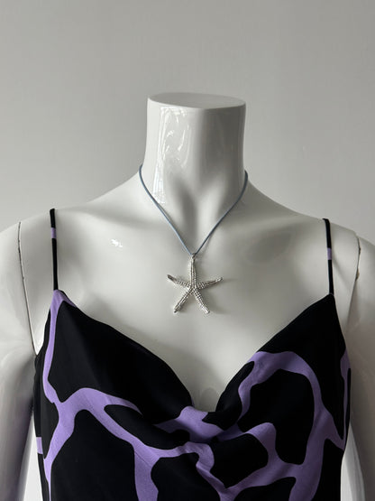 Silver Starfish Necklace with Blue Rope Choker Necklace