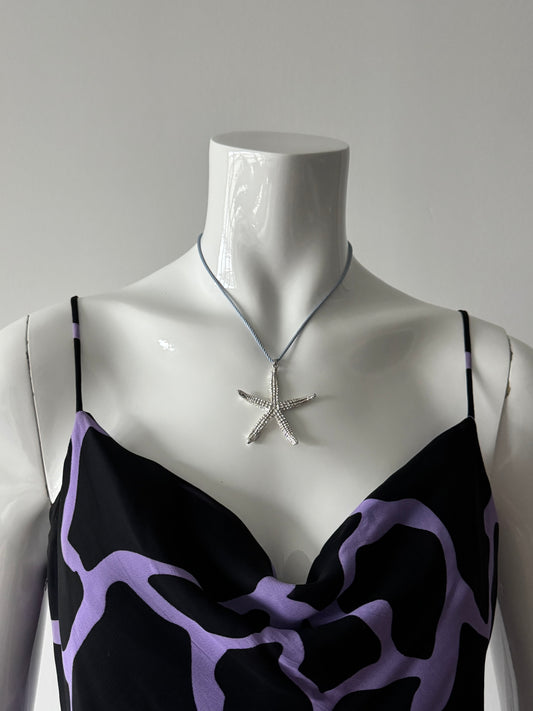 Silver Starfish Necklace with Blue Rope Choker Necklace