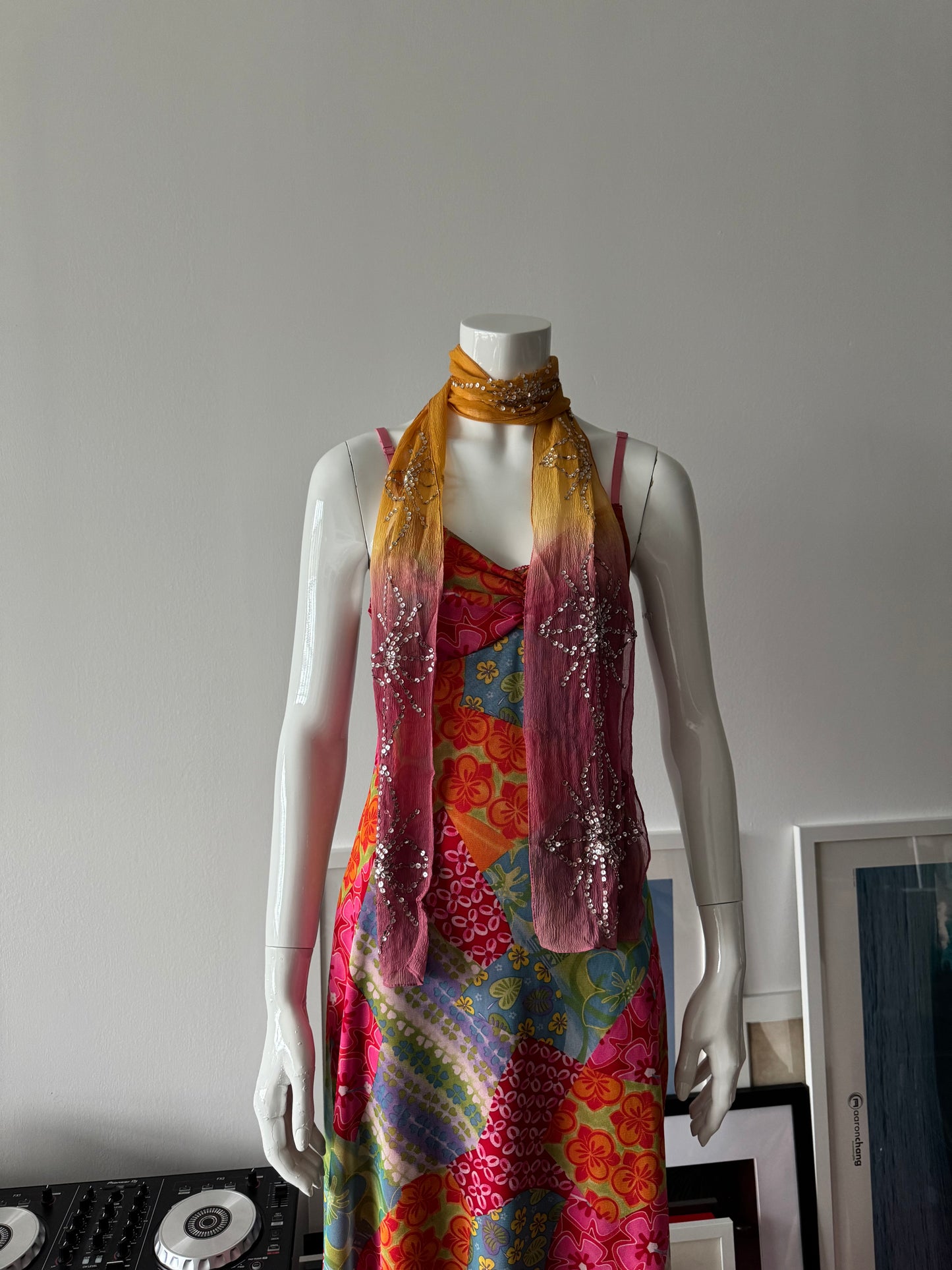Pink and Orange Ombré Sequin Silk Skinny Scarf