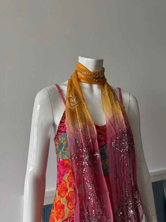 Pink and Orange Ombré Sequin Silk Skinny Scarf