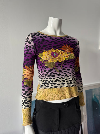 KOKOMO Mesh Leopard Print Beaded Long Sleeve Top