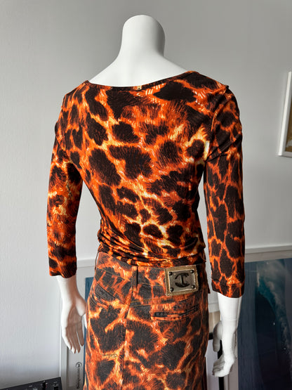 JUST CAVALLI Orange/Black Animal Print Denim Midi Skirt