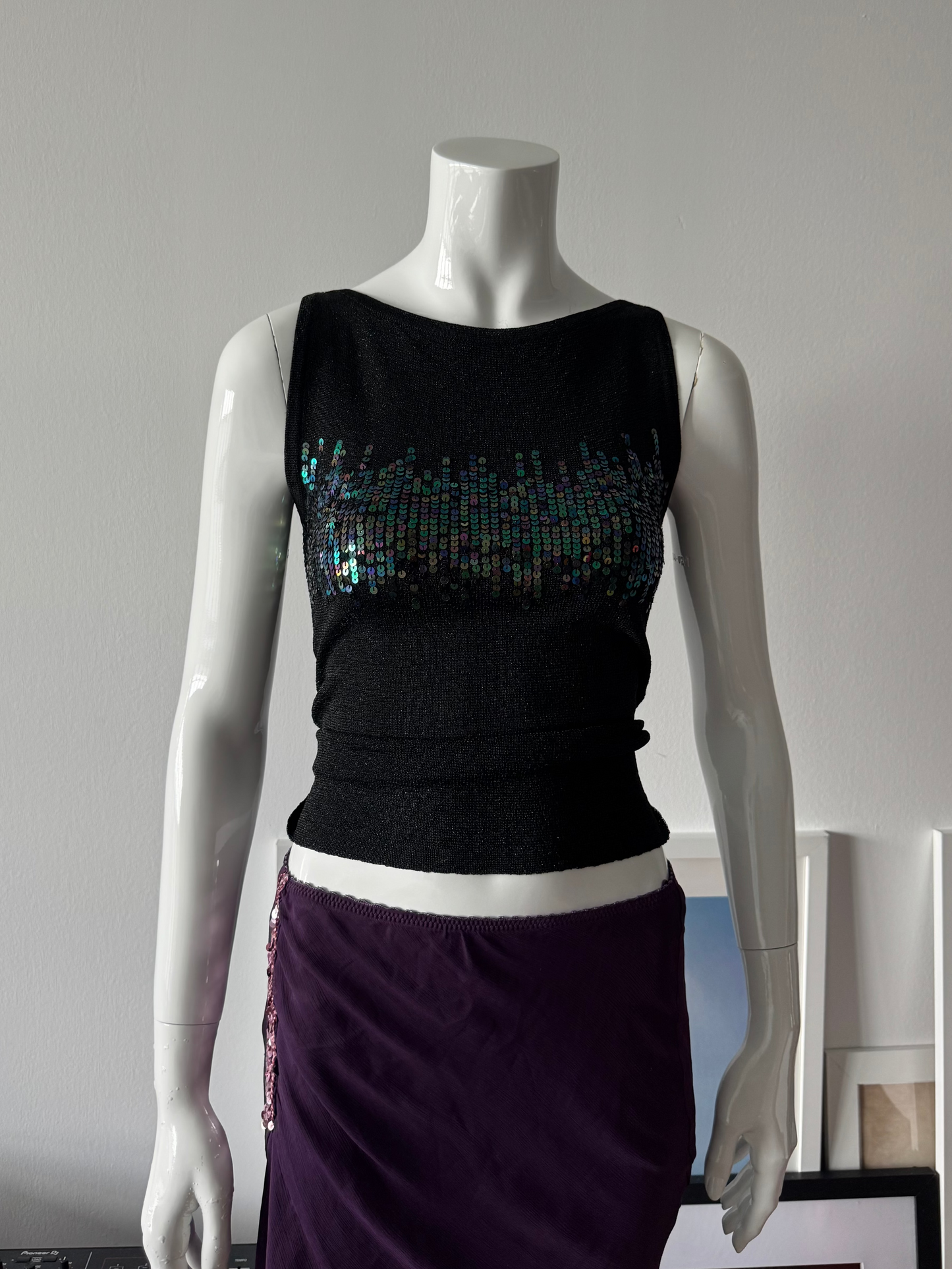 PASSPORT Black Metallic Knit and Sequin Sleeveless Top